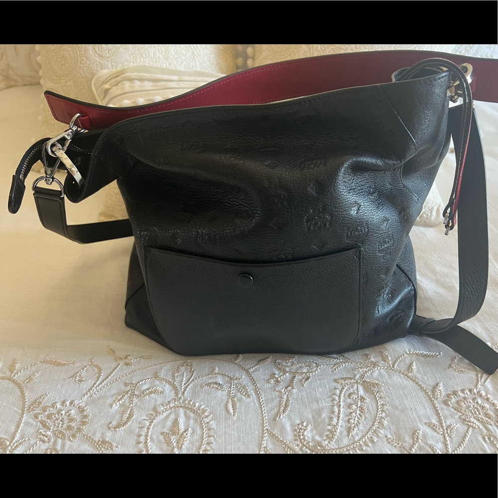 Authentic MCM Klara large leather monogram hobo black/red